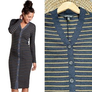Toad&Co Women’s Foothill Midi Dress Striped Knit Button Down Longsleeve Gray M